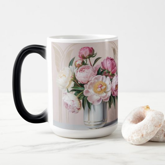 Rosa Pfingstrosen Art Deco Morphing Tasse (Mit Donut)