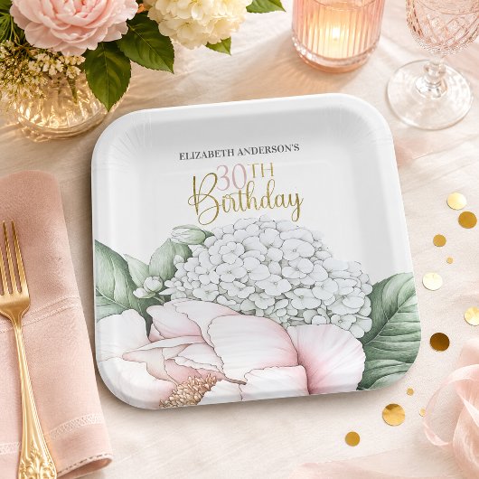Rosa Pfingstrosen-Blumen 30. Geburtstag  Pappteller