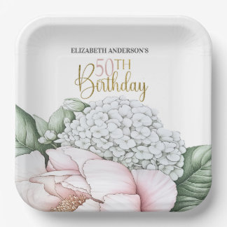 Rosa Pfingstrosen-Blumen 50. Geburtstag  Pappteller
