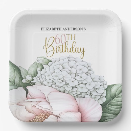 Rosa Pfingstrosen-Blumen-60. Geburtstag Pappteller (Vorderseite)