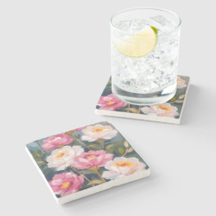 Rosa Pfingstrosen-Blumenstrauß Aquarell Steinuntersetzer