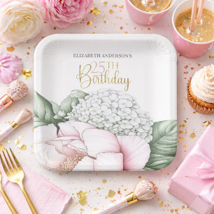 Rosa Pfingstrosen-Blüten 25. Geburtstag Pappteller