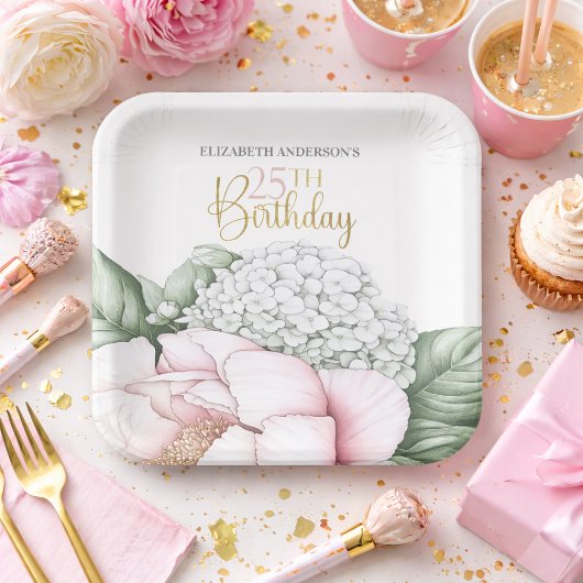 Rosa Pfingstrosen-Blüten 25. Geburtstag Pappteller
