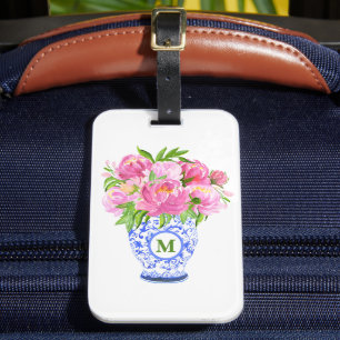 Rosa Pfingstrosen-Chinoiserie-Vase Grüne Monogramm Gepäckanhänger