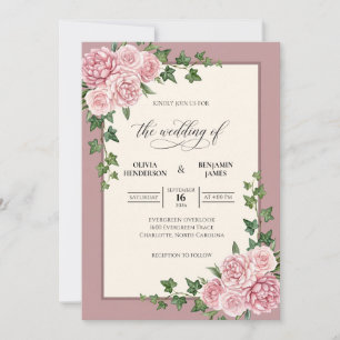 Rosa Pfingstrosen-Efeu-Hochzeit Einladung