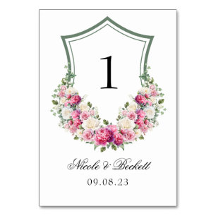 Rosa Pfingstrosen Florales Wappen Hochzeit Tischnummer