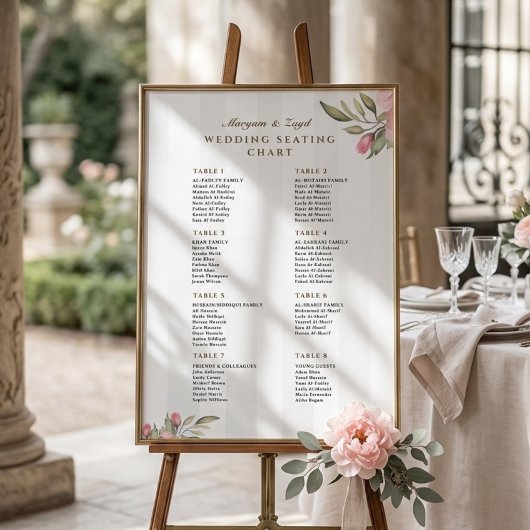 Rosa Pfingstrosen-Hochzeit Sitzplan Schild