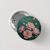 Rosa Pfingstrosen-Kunstwerk auf Smaragdgrün Button (Vorne & Hinten)