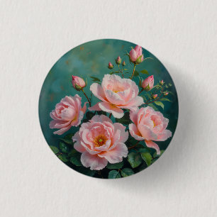 Rosa Pfingstrosen-Kunstwerk auf Smaragdgrün Button
