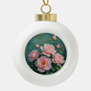 Rosa Pfingstrosen-Kunstwerk auf Smaragdgrün Keramik Kugel-Ornament