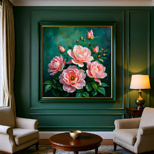 Rosa Pfingstrosen-Kunstwerk auf Smaragdgrün Poster