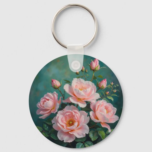 Rosa Pfingstrosen-Kunstwerk auf Smaragdgrün Schlüsselanhänger (Vorderseite)