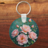 Rosa Pfingstrosen-Kunstwerk auf Smaragdgrün Schlüsselanhänger (Rückseite)