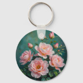 Rosa Pfingstrosen-Kunstwerk auf Smaragdgrün Schlüsselanhänger (Rückseite)
