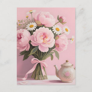Rosa Pfingstrosen-Margueriten-Strauß Postkarte