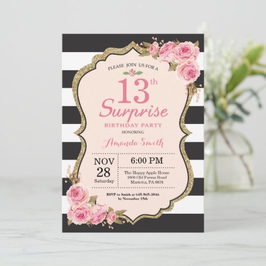 Rosa Pfingstrosen-mit Blumenüberraschungs-13. Einladung (Stehend Vorderseite)