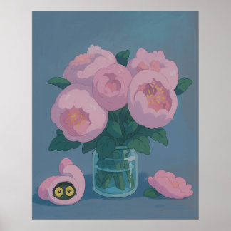 Rosa Pfingstrosen mit versteckten Katzenaugen Poster