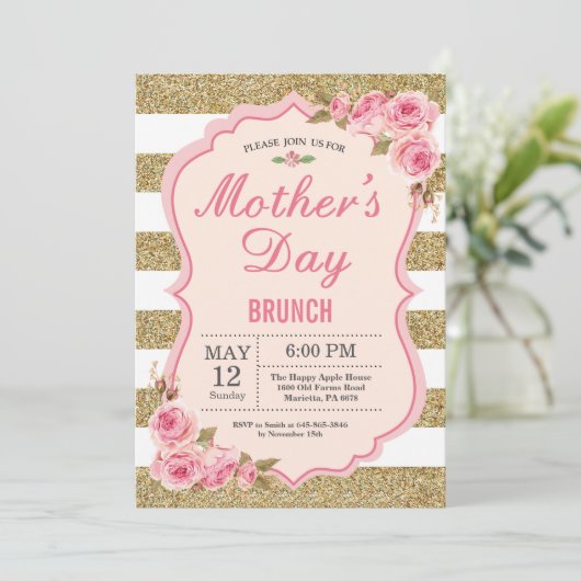 Rosa Pfingstrosen-Mutter-TagesBrunch-mit Einladung (Stehend Vorderseite)