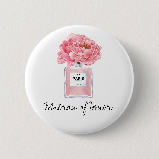 Rosa Pfingstrosen & Parfüm Matrone der Ehre Button (Vorderseite)
