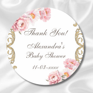 Rosa Pfingstrosen-Rokokoo-Blumen-Baby-Shower-Danke Runder Aufkleber
