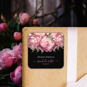 Rosa Pfingstrosen Schwarze Junggesellinnen-Abschie Quadratischer Aufkleber