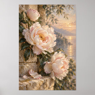 Rosa Pfingstrosen-Seelandschaft bei Sonnenuntergan Poster