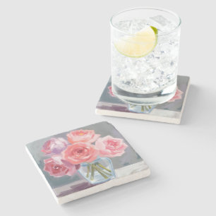 Rosa Pfingstrosen-Sträußchen Floral Aquarell Gemal Steinuntersetzer