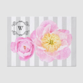 Rosa Pfingstrosen und Grau-Streifen-Monogramm Seidenpapier