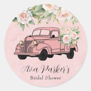 Rosa Pfingstrosen-Vintage-Lkw-Brautabschied Runder Aufkleber