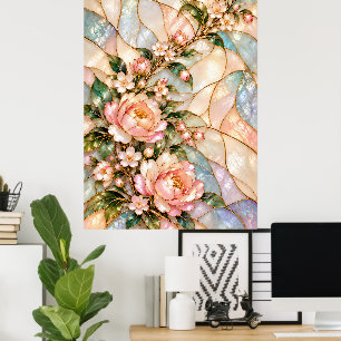 Rosa Pfingstrosenblumen mit blauer Perlmutt Flora Poster