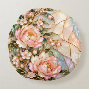 Rosa Pfingstrosenblumen mit blauer Perlmuttflora Rundes Kissen