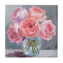 Rosa Pfingstrosenstrauß Florale Aquarell-Malerei Fliese