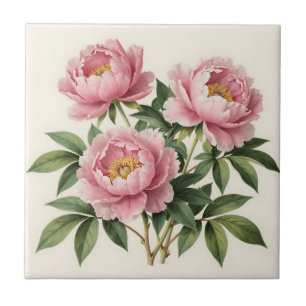 Rosa Pfingstrosenstrauß Vintage-Botanikillustratio Fliese