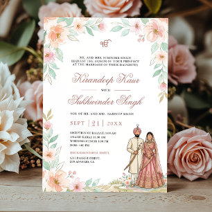 Rosa Pfirsich-Aquarell-Blumen Sikh-Hochzeit Einladung