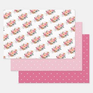 Rosa Pfirsich Blumen- & Punkte-Flachbettwäsche-Set Geschenkpapier Set