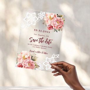 Rosa Pfirsich Blumen-Spitzen-Hochzeit-Save-the-Dat Acryleinladungen