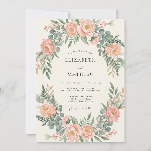 Rosa-Pfirsich-Bogen-Eukalyptus-Hochzeit Einladung (Vorderseite)