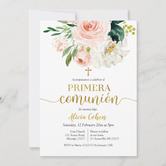 Rosa Pfirsich Flora Primera comunión Einladung (Vorderseite)