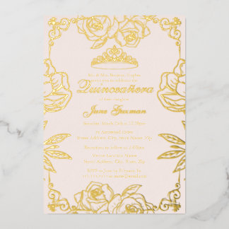 Rosa Pfirsich Goldrosengarten Quinceanera Folieneinladung