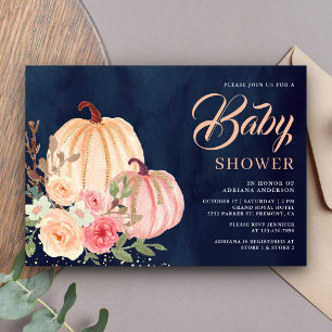 Rosa Pfirsich-Kürbis-Blumen Navy Blau Babyparty Einladung