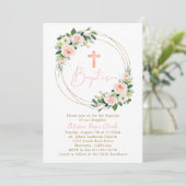 Rosa Pfirsichbläsertaufen Gold Rahmen Einladung (Stehend Vorderseite)