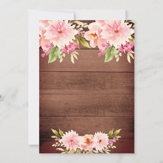 Rosa Pfirsichblumen aus braunem Holz Rustikale Bab Einladung (Rückseite)
