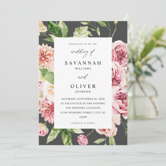 Rosa & Pfirsichblumen & Grüne Hochzeit - Grau Einladung (Stehend Vorderseite)