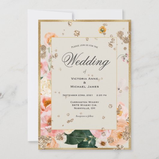 Rosa Pfirsichblüte Elegante Hochzeit Gold Einladung (Vorderseite)