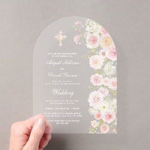 Rosa Pfirsichblütenbogen religiöse Hochzeit Acryleinladungen