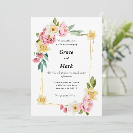 Rosa Pfirsiche und gelbe Töne laden zur Hochzeit e Einladung (Stehend Vorderseite)