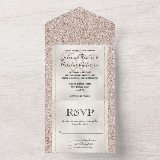 Rosa Pfirsichfarbene Rose Glitzer Herz All In One Einladung (Innen Boden)