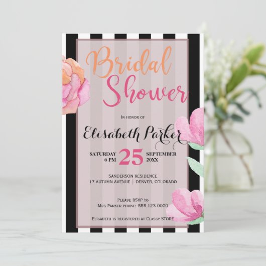 Rosa pfirsichfarbene Schwarz-weiße Streifen Brautp Einladung (Stehend Vorderseite)