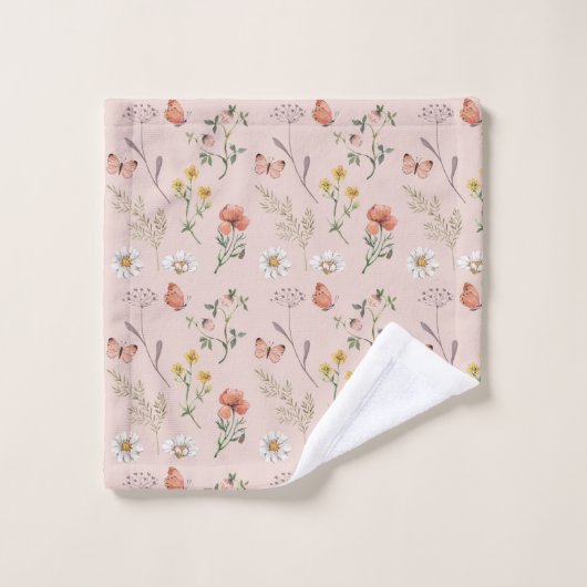 Rosa Pfirsichfarbene Wildblume Badhandtuch Set (Waschlappen)