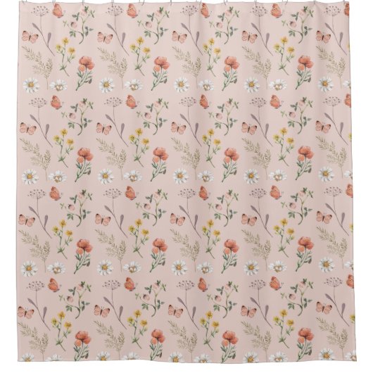 Rosa Pfirsichfarbene Wildblume Duschvorhang (Vorderseite)